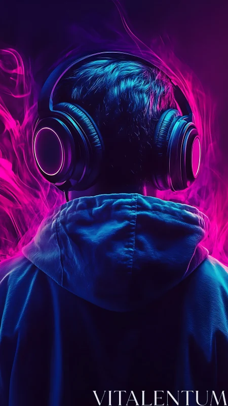 Neon cloaked listener crowned in glowing vaporwave soundstorm.