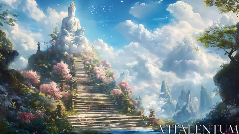 Stone statue on lotus above terraced path in clouded valley.