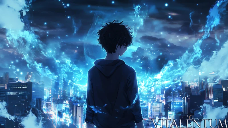 Electric skyline draped around solitary anime figure at dusk.