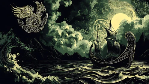 Mythic longship cuts through storm-lit sea under runic moon