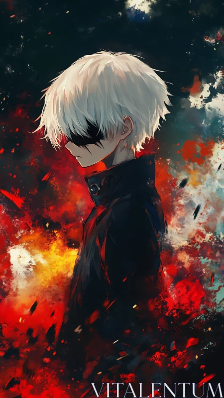 White haired anime boy in dark coat amid red flames.