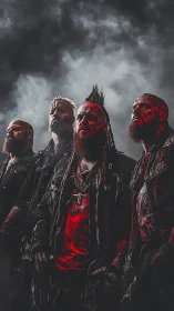 Storm-lit metal warriors glare upward through blood-red haze