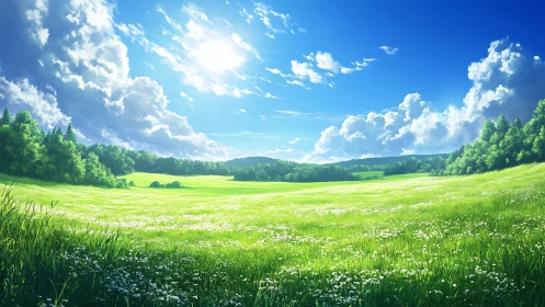 Sunlit grassy meadow with distant forest under blue sky.