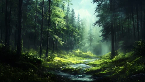 Misty Forest Stream Through Pine Woodland