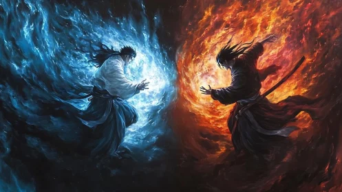 Digital painting duel of elemental samurai with split composition.