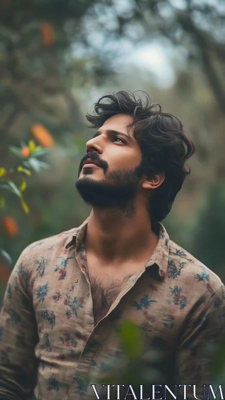 Thoughtful young man gazes upward amid soft forest greenery