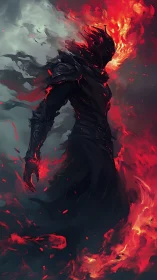 Volcanic wraith in scorched armor amid turbulent combustion.