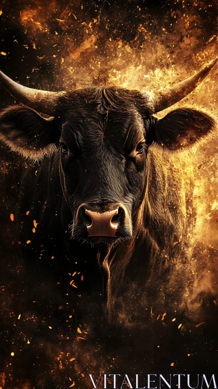 Fiery bull strides through glowing embers with powerful calm