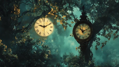 Twin antique clocks glow within dense teal forest haze