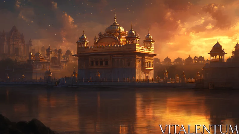 Golden temple complex reflects in calm water at sunset