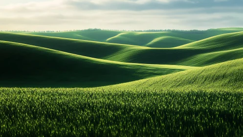 Green velvet hills breathe quietly under drifting light