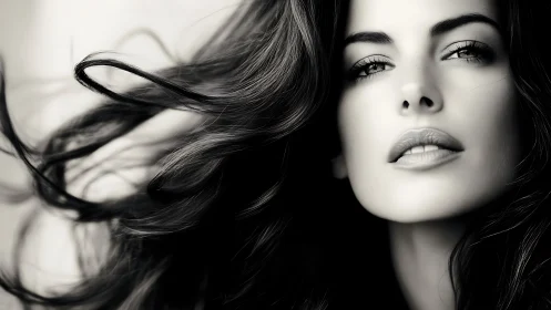 High contrast portrait of woman with flowing dark hair.