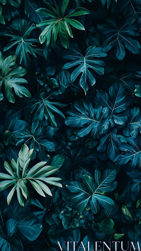 Dense overhead view of dark green tropical foliage wall.