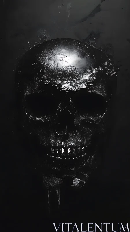 Burnished black skull emerges through fractured darkness.