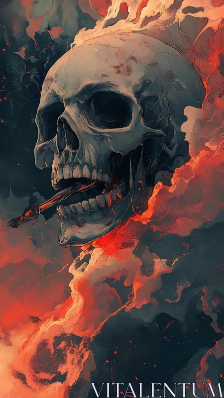 Burning skull suspends smoking cigar amid swirling fire