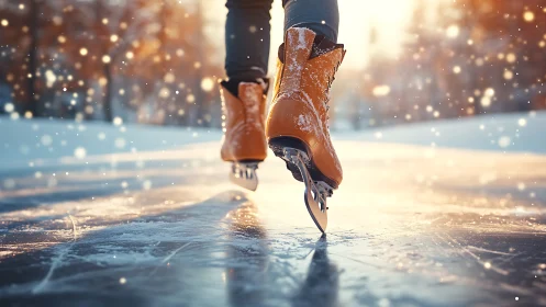 Close-up winter ice skates gliding over glowing frozen lake.
