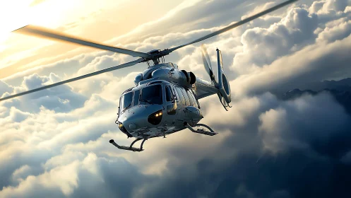 Twin-engine utility helicopter slicing through stratiform clouds.