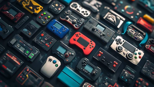 Gamepads gather like candy-colored constellations of nostalgia