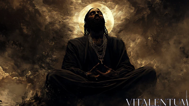 Soulful figure meditating in warm moonlit golden clouds.