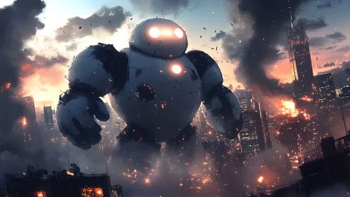 Colossal combat mech traversing incendiary megacity skyline.
