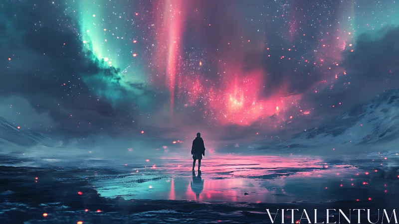 Silhouetted figure stands on icy plain under neon aurora