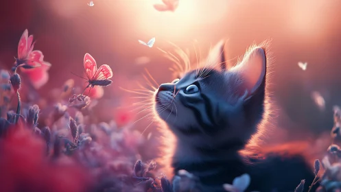 Curious Cat Watching Pink Butterflies at Sunset.