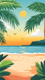 Tropical Sunset Beach Scene with Layered Atmospheric Gradient and Frond Silhouettes