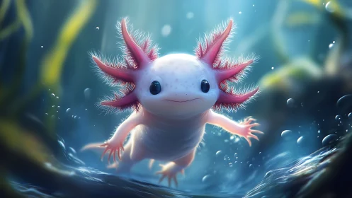 Bioluminescent axolotl glides through ethereal blue water.