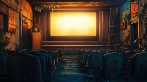 Glowing empty screen illuminates an overgrown abandoned cinema