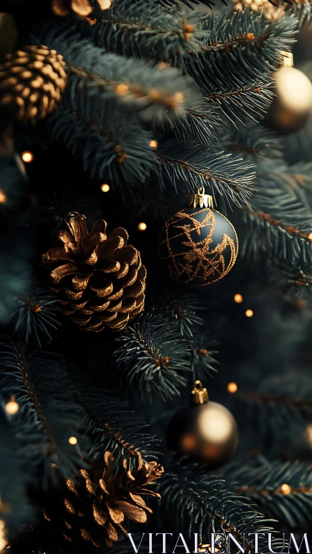 Christmas tree branch shows gold ornaments and pinecones