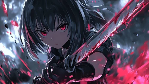 Anime swordswoman grips bloodstained blade in mid attack