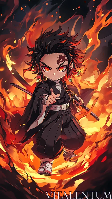 Fiery chibi swordsman strides through swirling inferno flames.