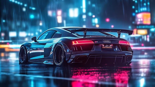 Midnight Audi rockets through neon rain with electric poise