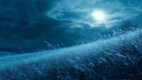 Moonlit frosty hillside glows beneath dramatic storm clouds.