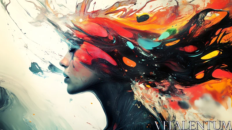 Surreal female portrait dissolving into vivid paint streams.