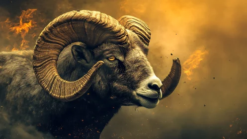 Fiery horned ram emerging through cinematic molten haze.
