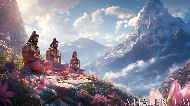 Himalayan plateau with meditating sages under volumetric cloudscape