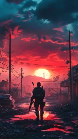 Lone soldier crossing ruined city at intense red sunset.