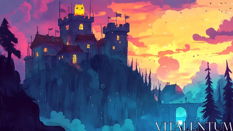 Hilltop castle at sunset with glowing windows and bridge.