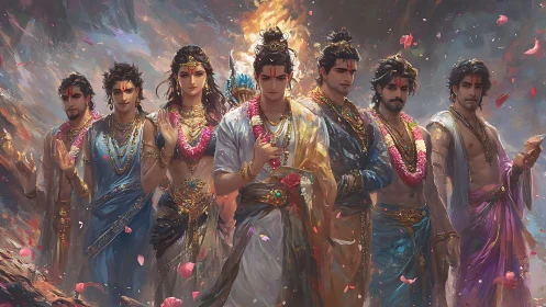 Mythic royal procession in ornate South Asian ceremonial regalia.