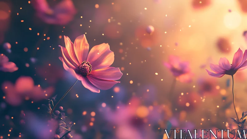 Pink cosmos flowers with golden bokeh light effects.