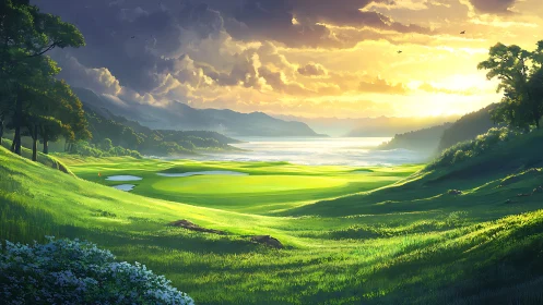 Sunlit fairway dreaming toward a misty lakeside horizon.