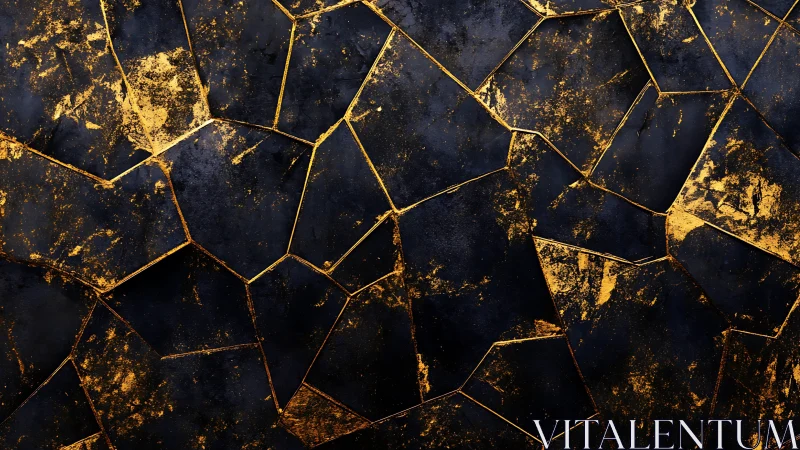 Shattered dark stone surface veined with molten gold lines.