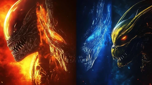 Elemental alien beasts clash in blazing fire and icy void.