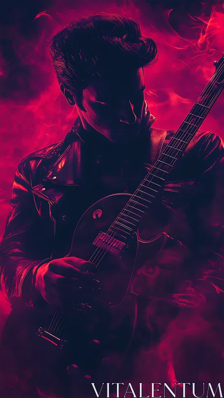 Silhouetted electric guitarist stands in dense magenta haze