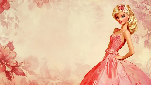 Elegant blonde doll in floral ball gown against pastel backdrop