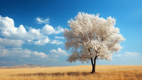 Solitary white-blossomed tree in golden field, bright blue sky landscape.