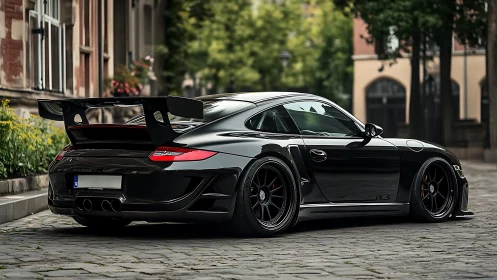 Black sports coupe with rear wing on cobblestone street.