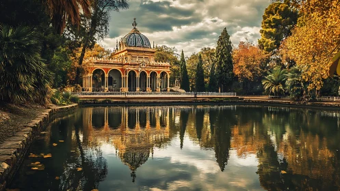 Ornate pavilion is reflected in a still park lake at dusk