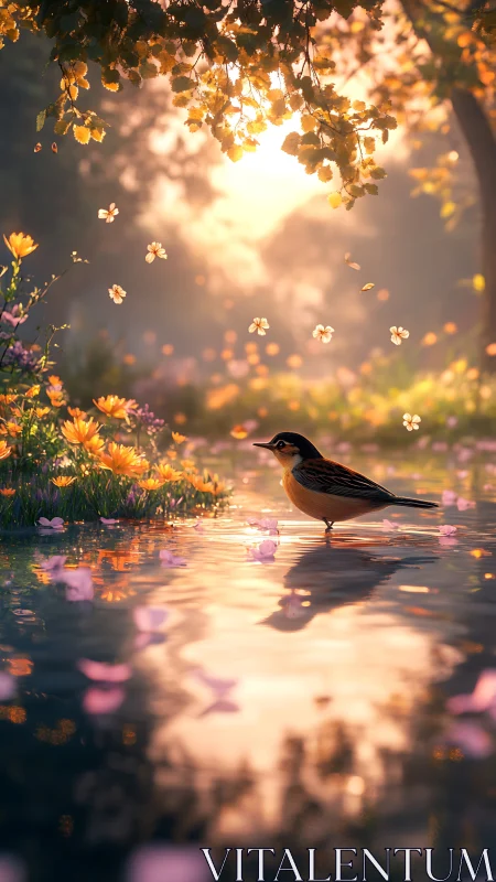 Songbird pauses in sunset-lit woodland pool with floral drift